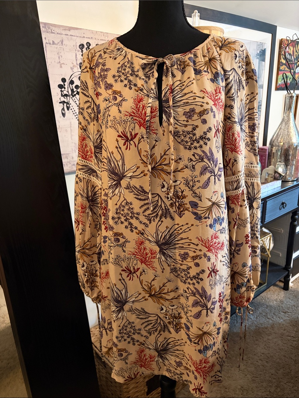 Wayf Beige Floral Boho Tie-Neck Tunic Dress